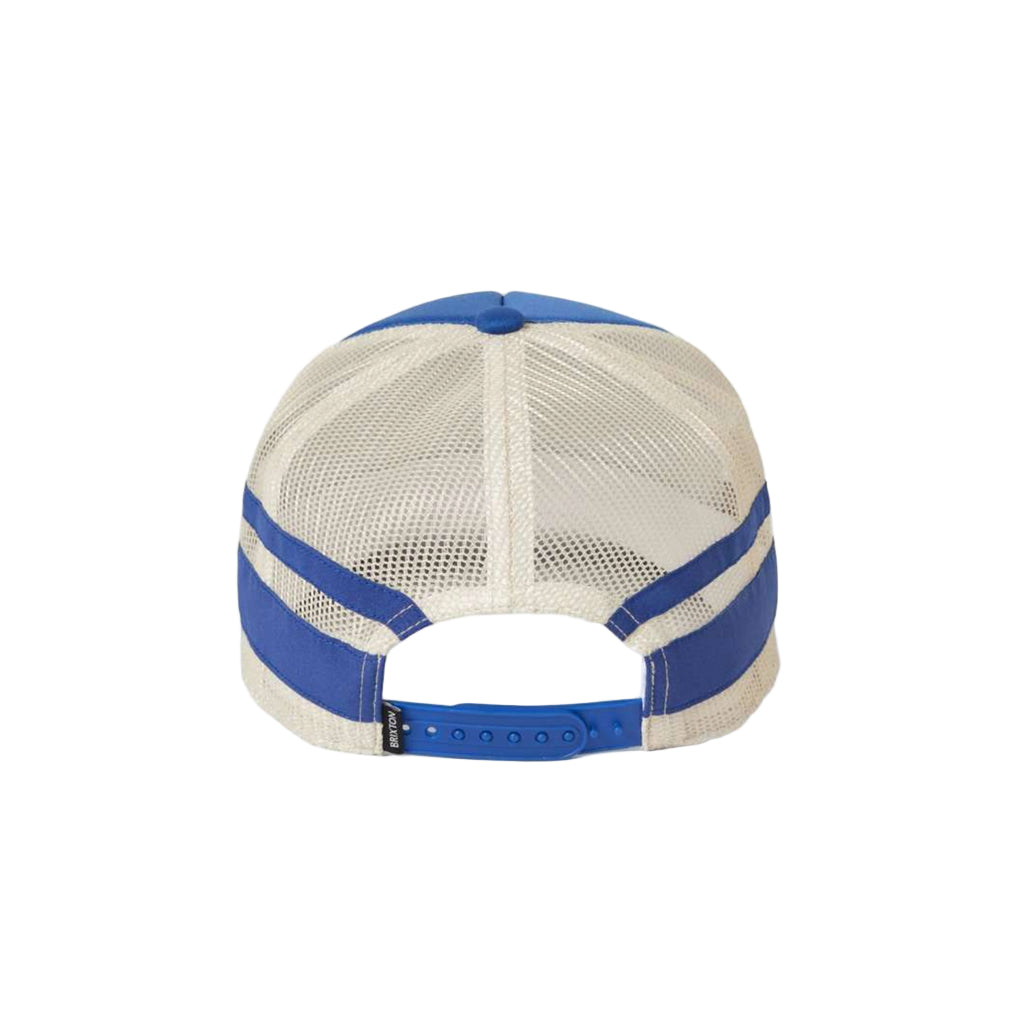 Back view of a cap with blue and beige mesh design on a white background