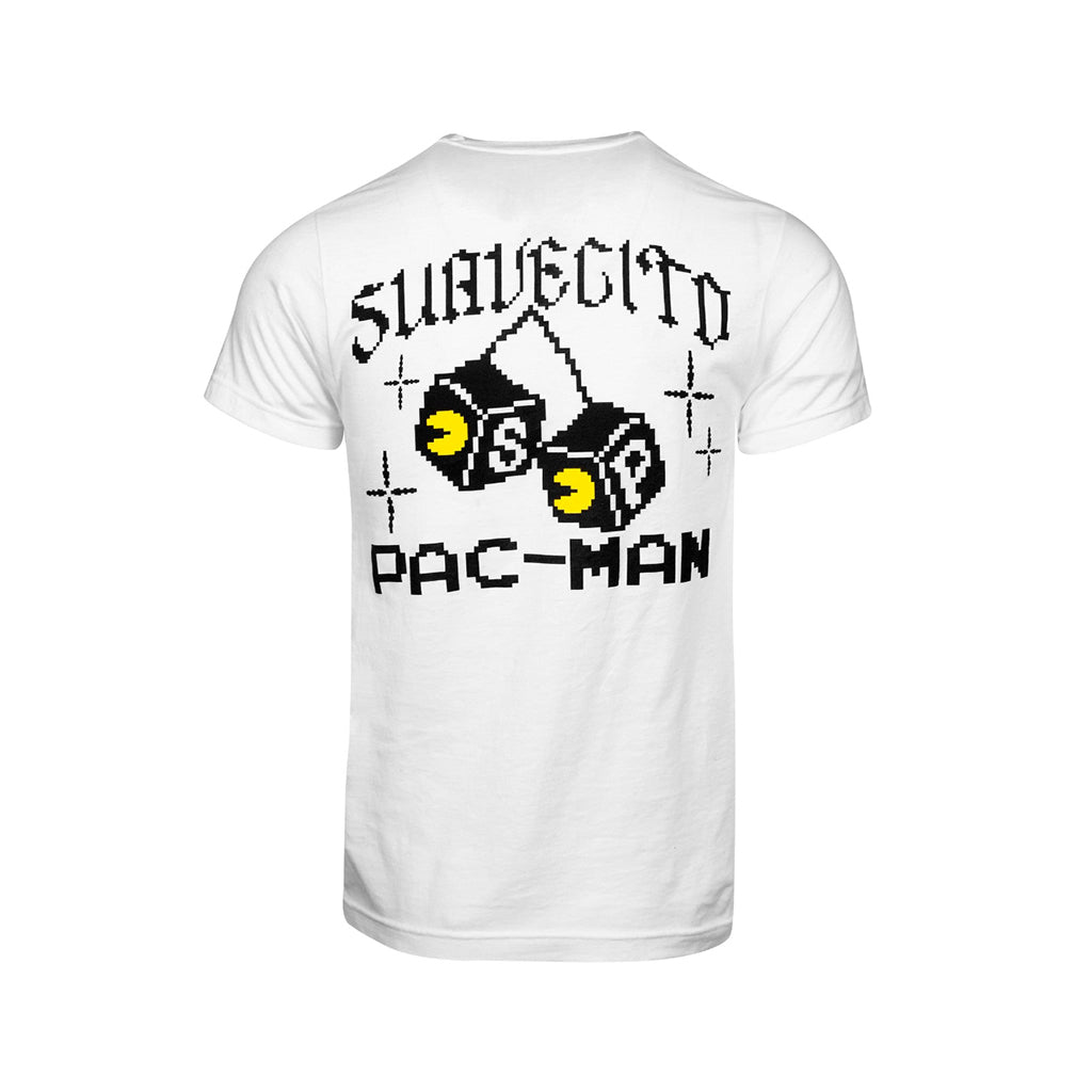 White t-shirt with 'Suavecito Pac-Man' graphic design on a white background