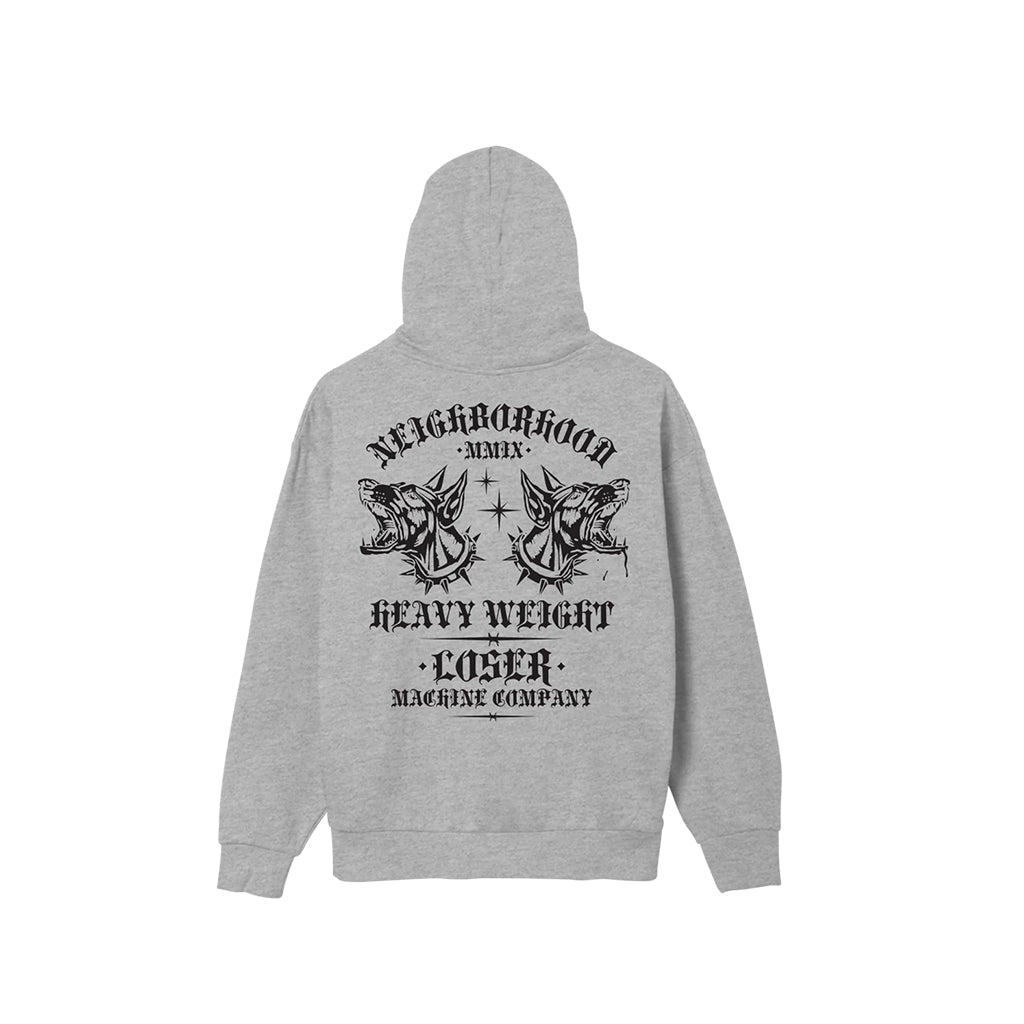 Gray hoodie with black graphic design on a white background