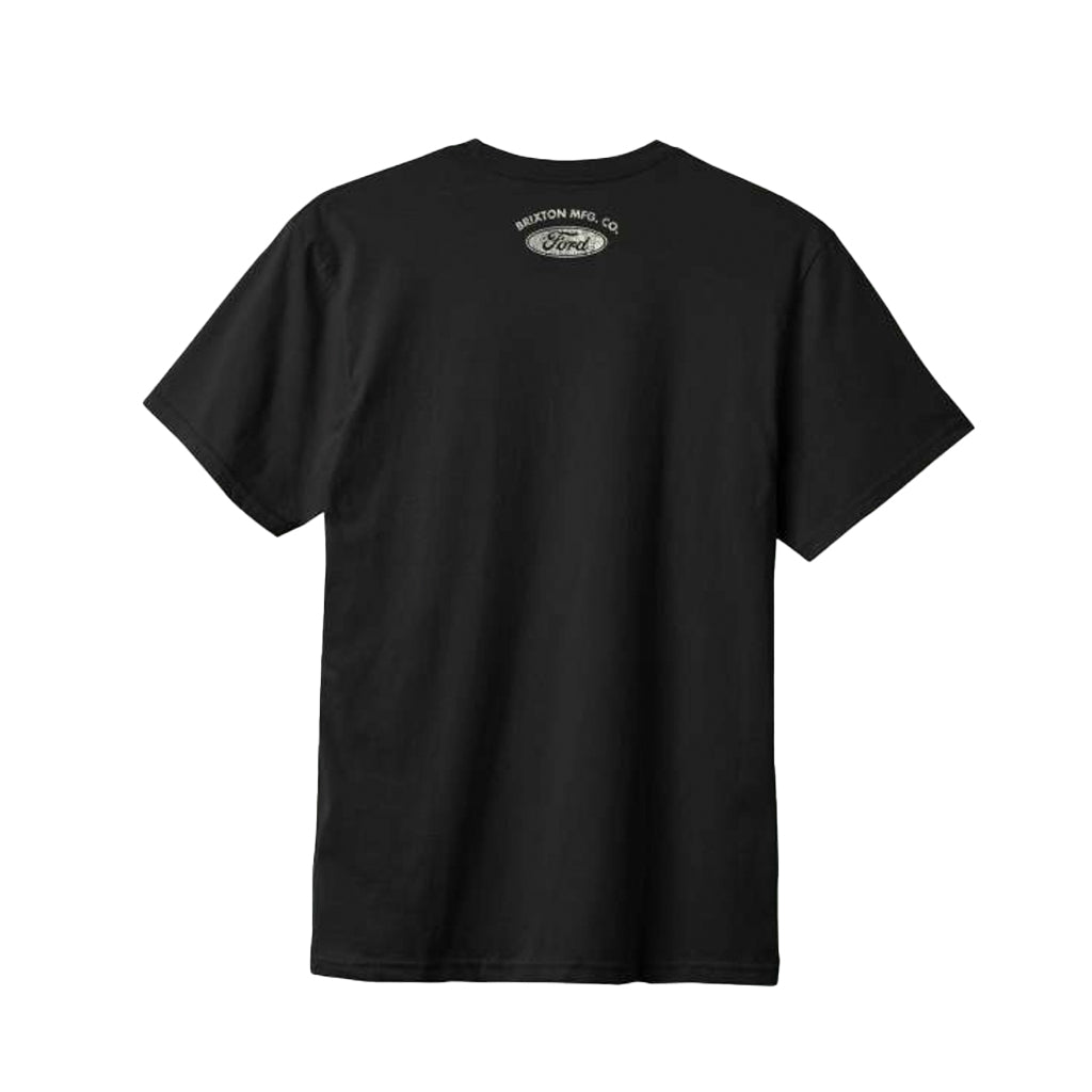 Black t-shirt with a logo on the back against a white background