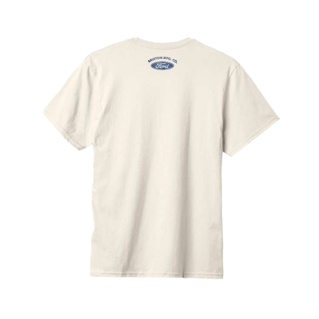 Beige t-shirt with a logo on the back against a white background