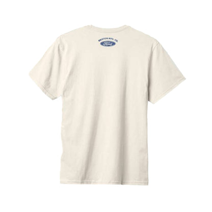 Beige t-shirt with a logo on the back against a white background