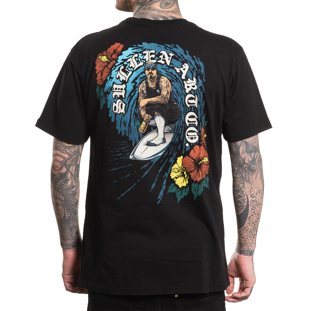 Black t-shirt with a cholo posted up on a wave design on a white background