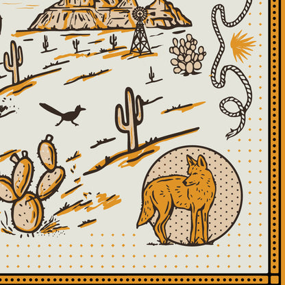 Desert scene with fox, cacti, and other elements on a patterned background