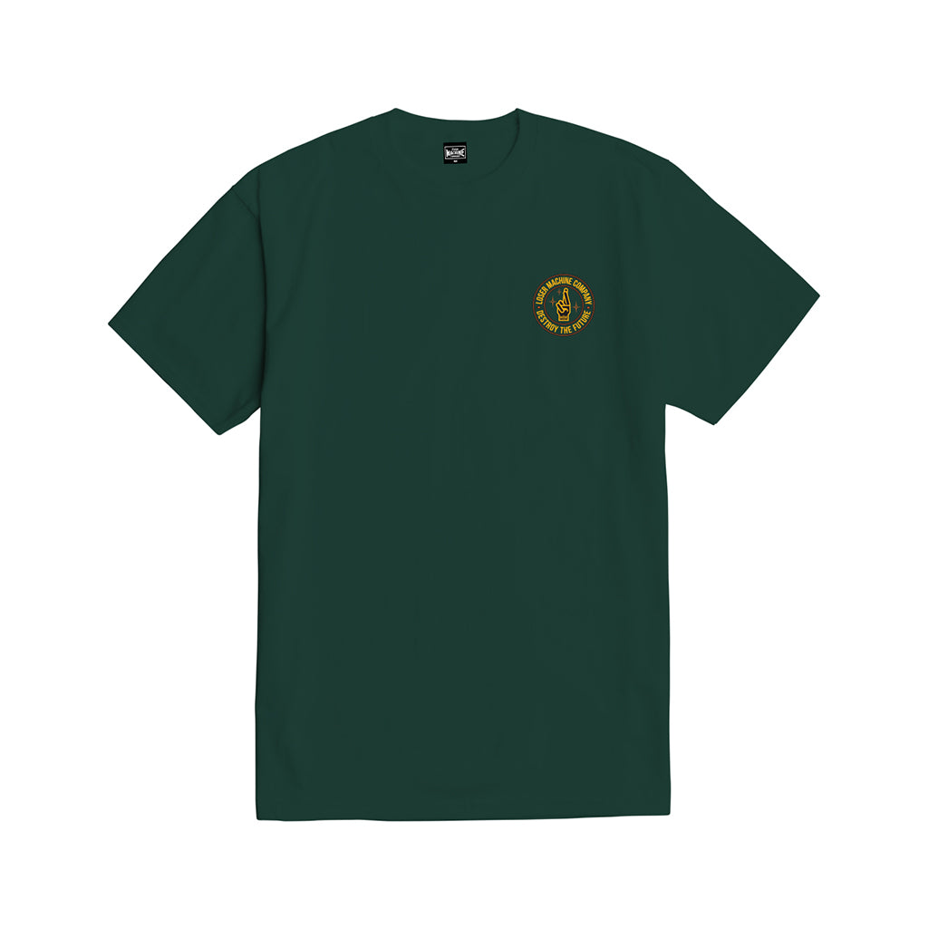 Green t-shirt with a small yellow logo on a white background