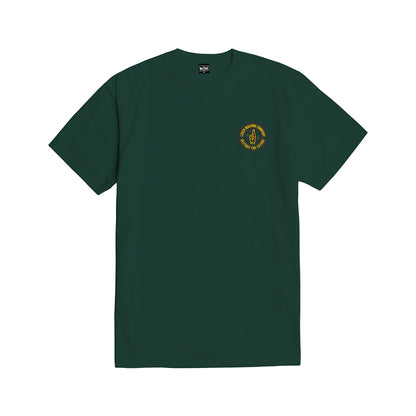 Green t-shirt with a small yellow logo on a white background