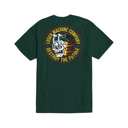 Green t-shirt with a graphic design on the back featuring text and a skull.