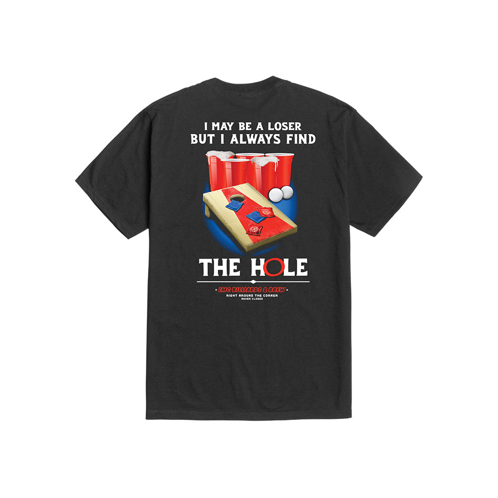 Black t-shirt with graphic design and text on a white background