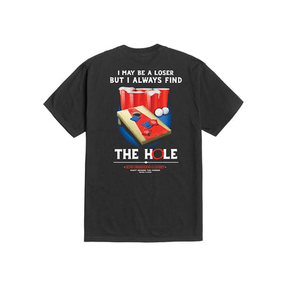 Black t-shirt with graphic design and text on a white background