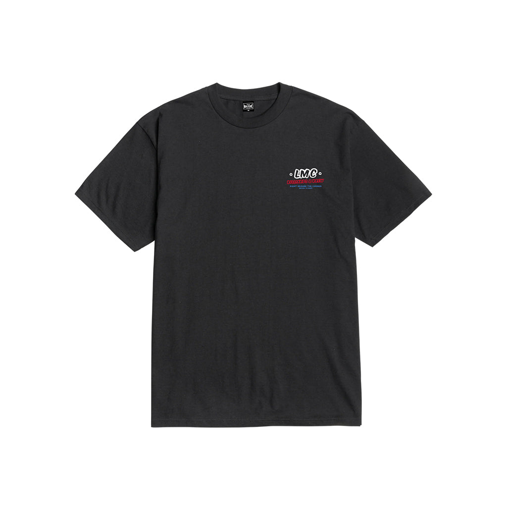 Black t-shirt with a logo on the chest against a white background