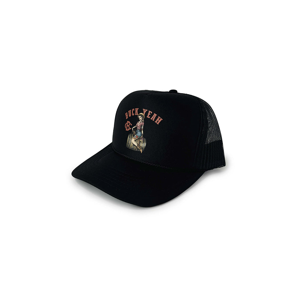 Black cap with graphic design and text on a white background