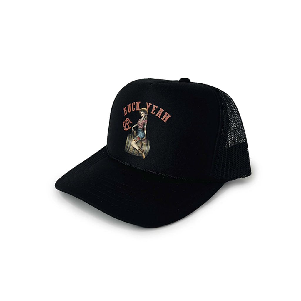 Black trucker cap with graphic design and text on a white background
