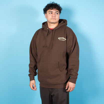 Person wearing a brown hoodie with a logo on a blue background