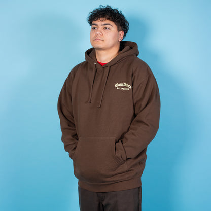 Person wearing a brown hoodie with a logo on a blue background