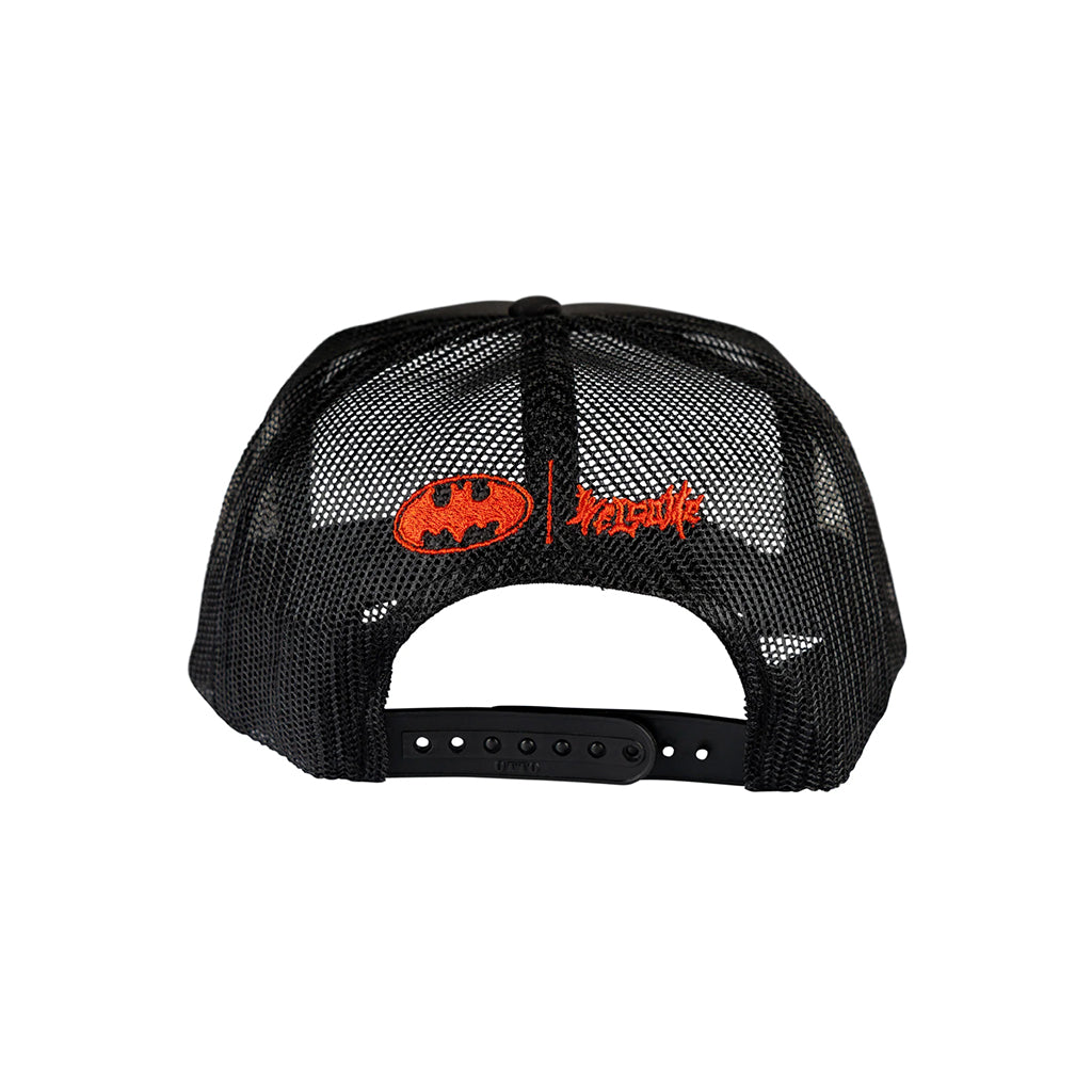 Black mesh cap with red and white logo on a white background