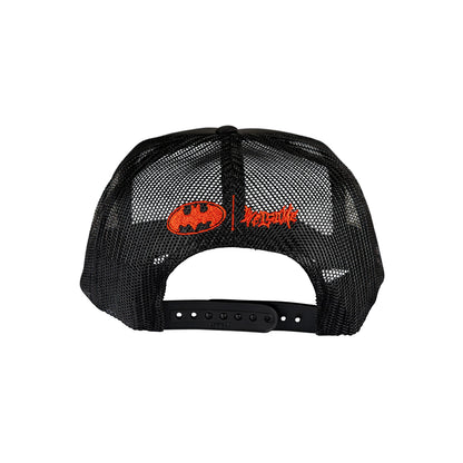Black mesh cap with red and white logo on a white background