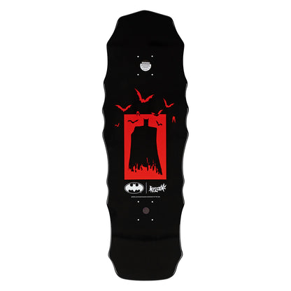 Black skateboard deck with red and white graphic design on a white background