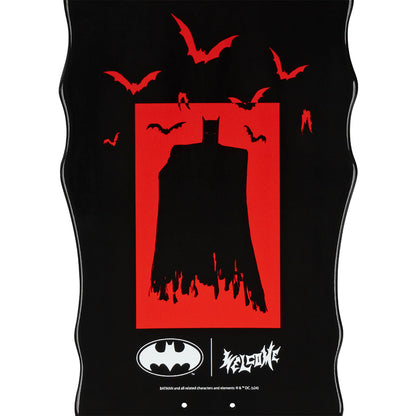Black tank top with red graphic of a silhouette and bats, featuring Batman logos.