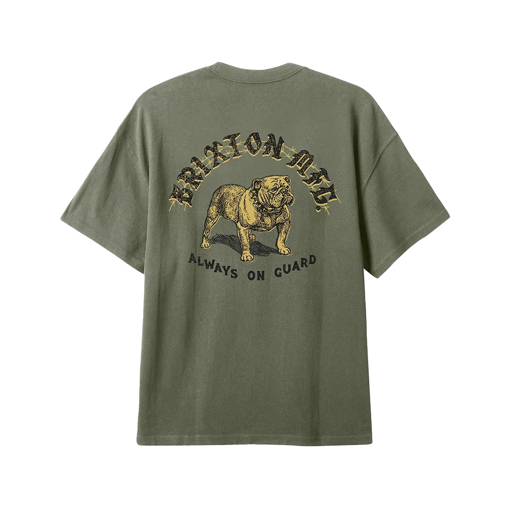 Green t-shirt with bulldog graphic and text on a white background