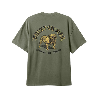 Green t-shirt with bulldog graphic and text on a white background