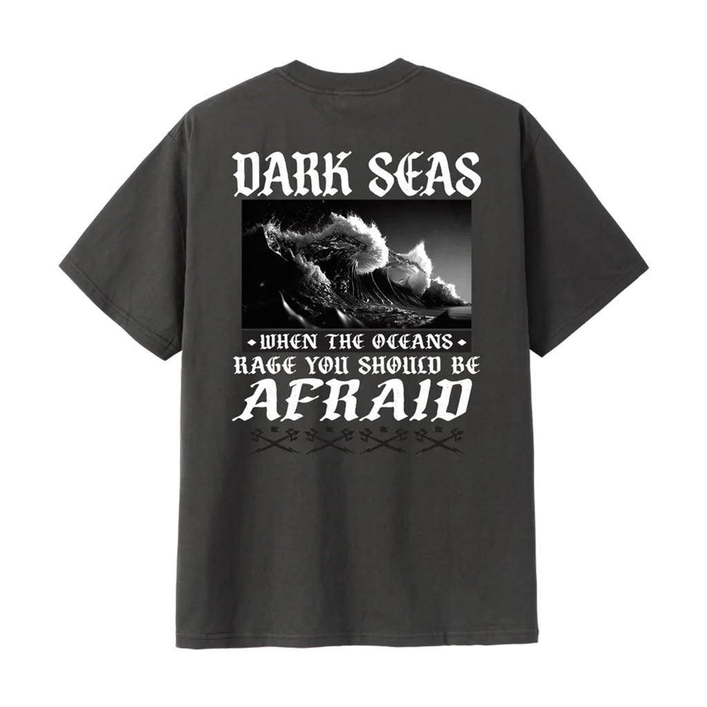 Black t-shirt with graphic design and text on a white background