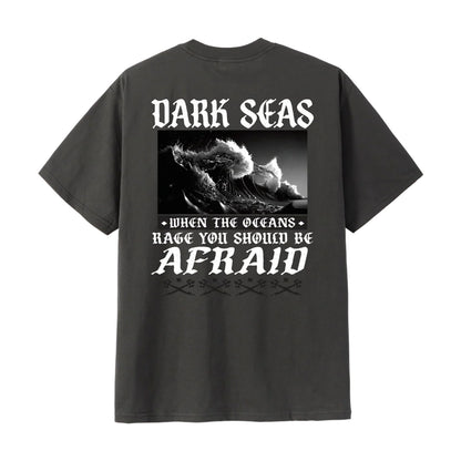 Black t-shirt with graphic design and text on a white background