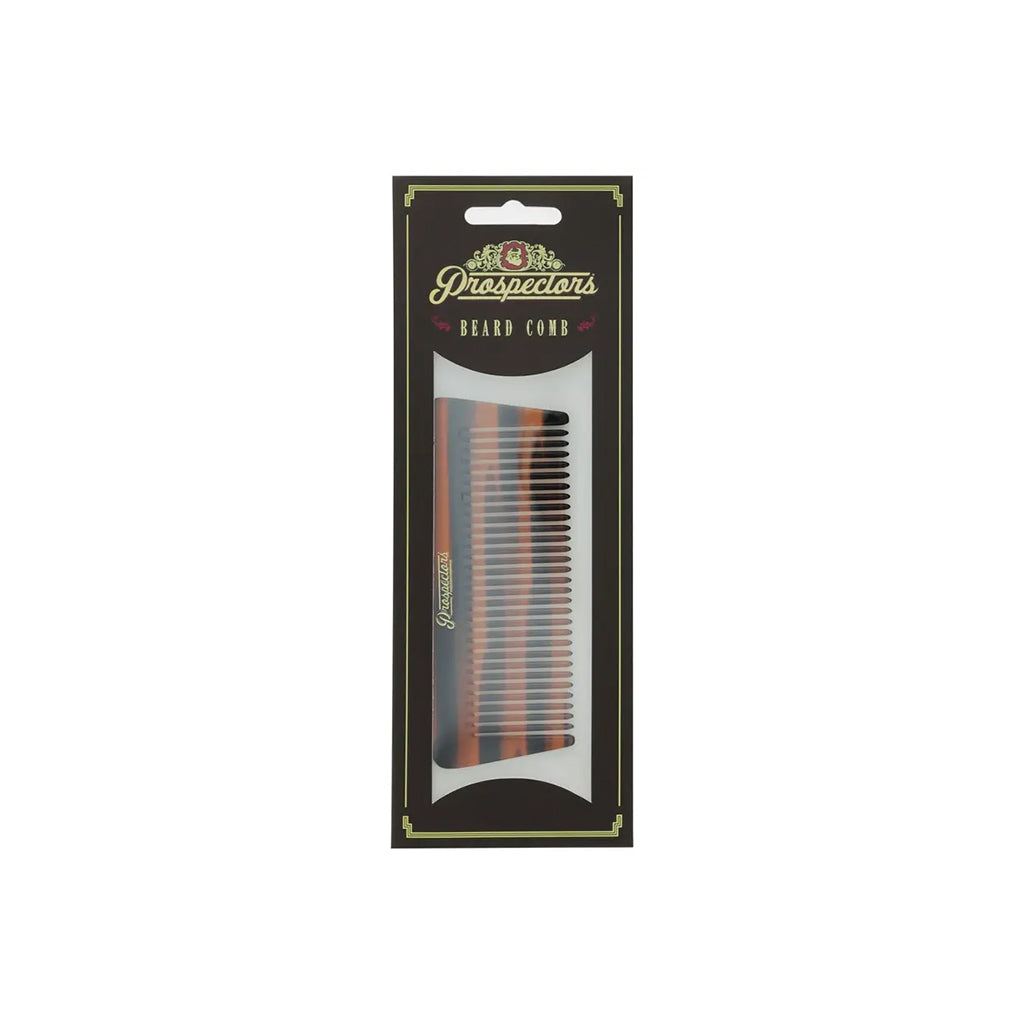 Beard comb in packaging with 'Prospectors' branding on a white background
