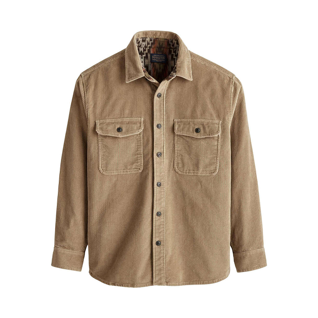 Beige corduroy shirt with plaid interior on a white background