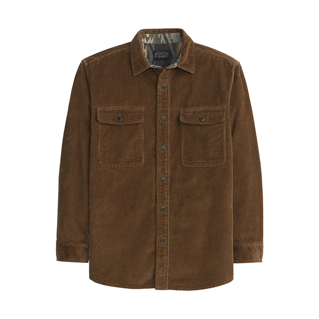 Brown corduroy shirt with two front pockets on a white background