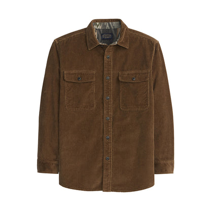 Brown corduroy shirt with two front pockets on a white background