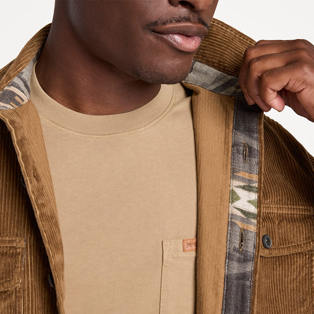Man wearing a brown jacket with a patterned lining, focusing on the collar area.