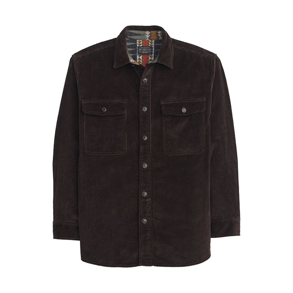 Brown corduroy shirt with patterned collar on a white background
