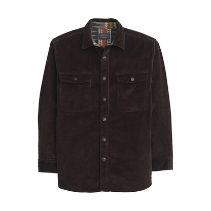Brown corduroy shirt with patterned collar on a white background