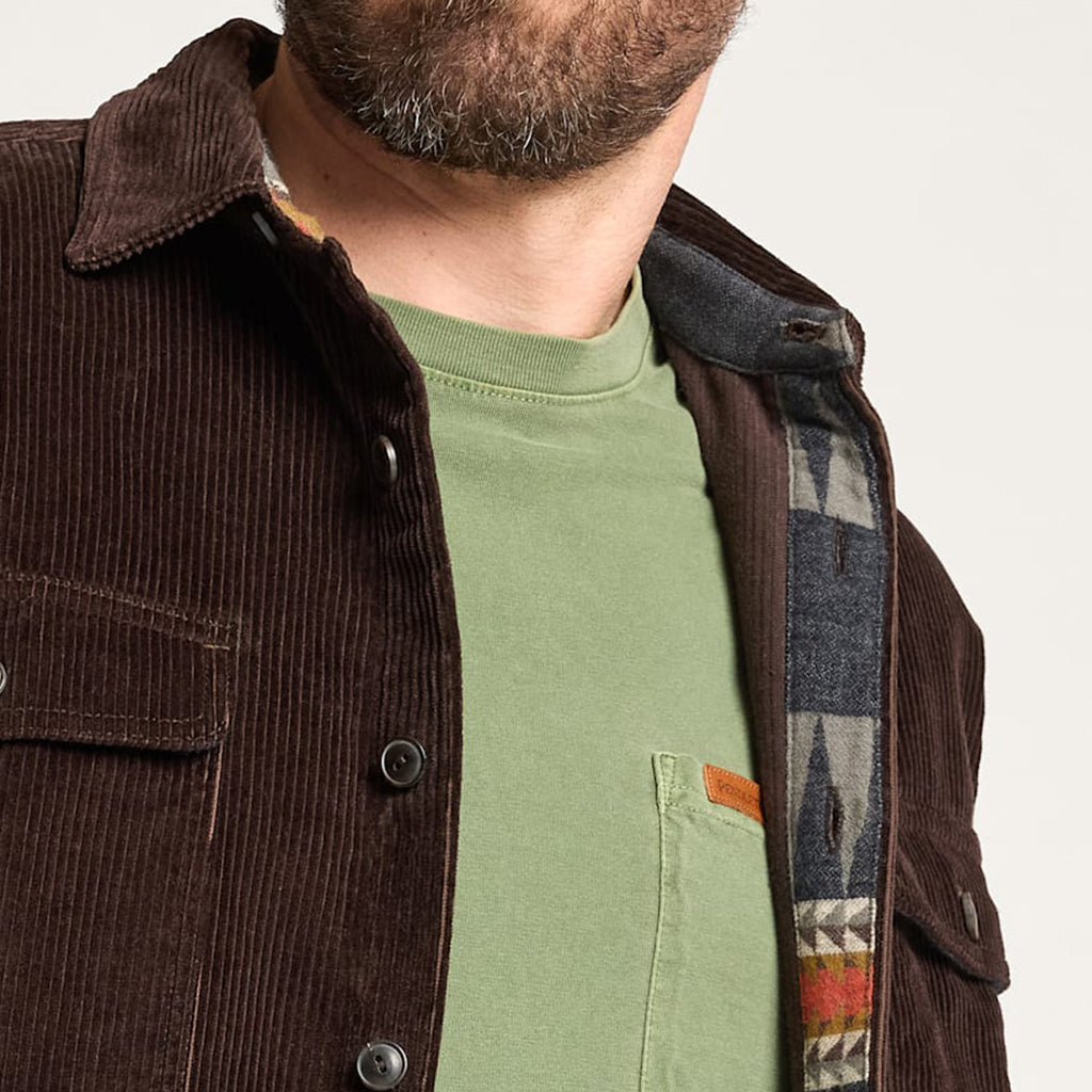 Man wearing a brown corduroy jacket over a green shirt with a patterned lining.
