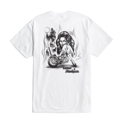 White t-shirt with a graphic design of a woman and motorcycle on a white background