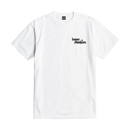 White t-shirt with black text on a white background