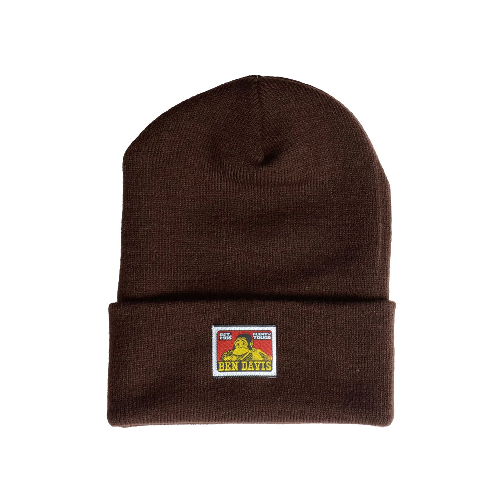 Brown beanie with a label on a white background