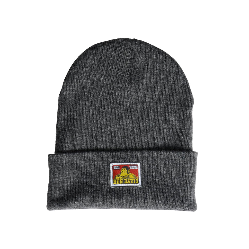 Gray beanie with a logo patch on a white background