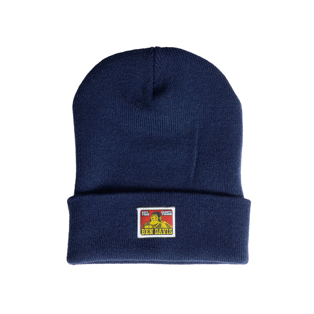 Navy blue beanie with a Ben Davis label on a white background