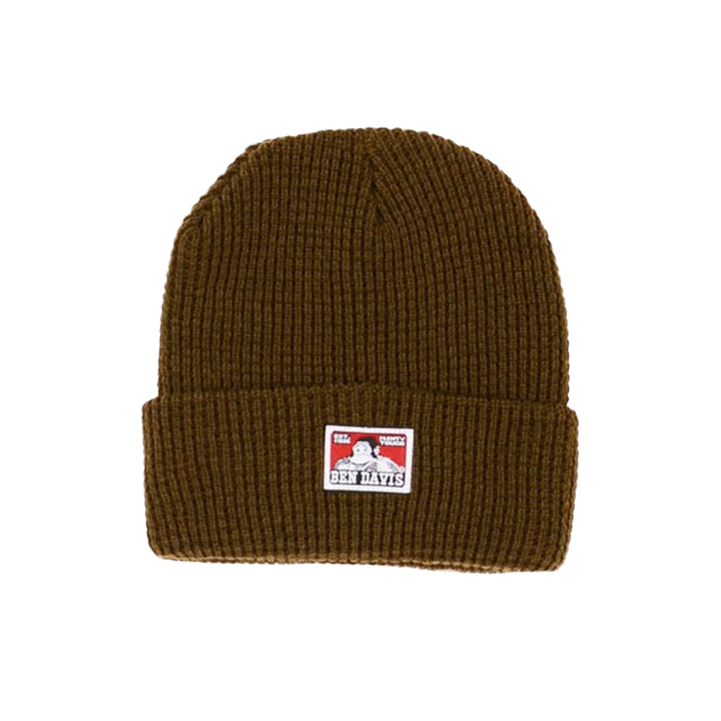 Brown beanie with a label on a white background