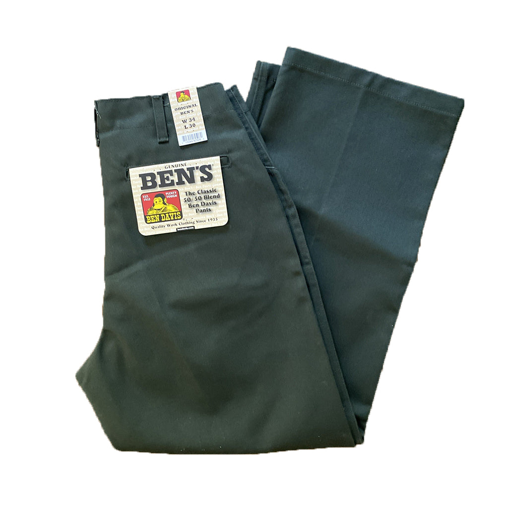 Folded green pants with a 'Ben's' label on a white background