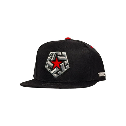 Black cap with a red star and metallic emblem on a white background