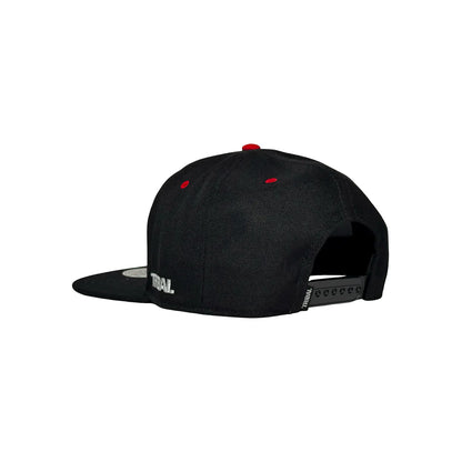 Black cap with red accents on a white background