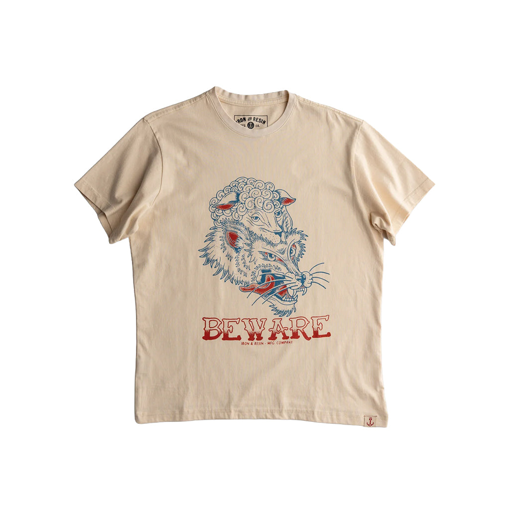 Beige t-shirt with a wolf graphic and 'Beware' text on a white background