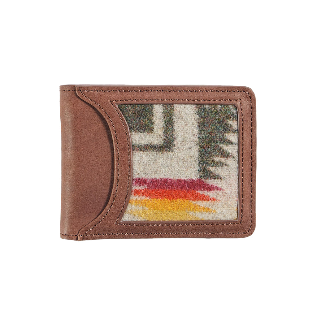 Brown wallet with a colorful patterned flap on a white background