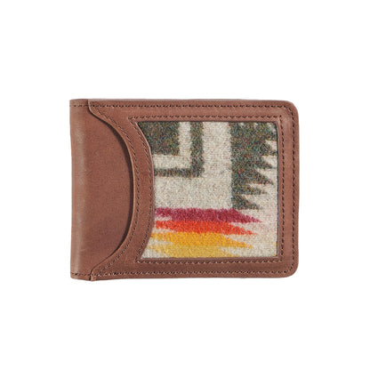 Brown wallet with a colorful patterned flap on a white background