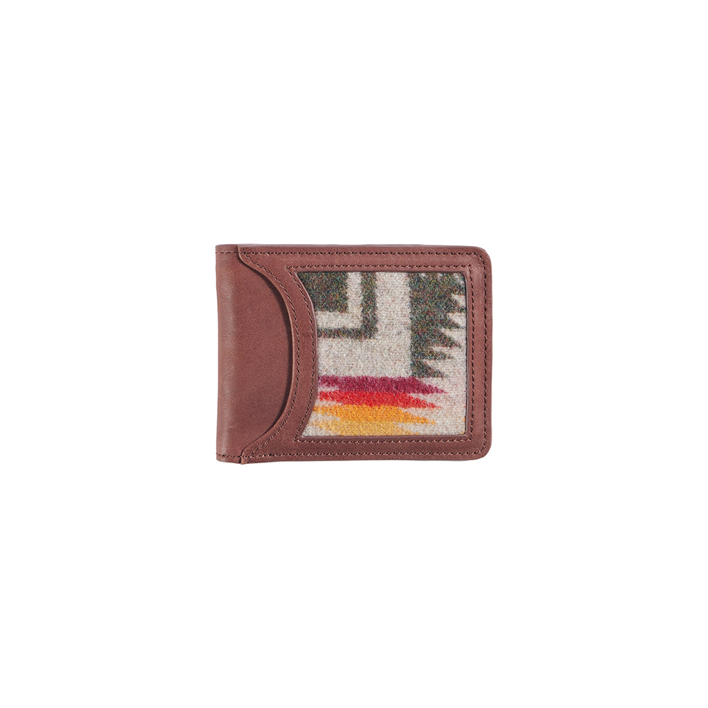 Brown wallet with a colorful patterned flap on a white background