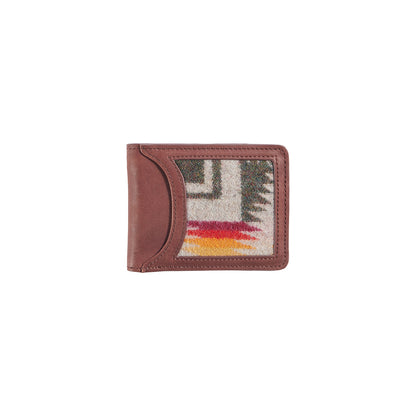 Brown wallet with a colorful patterned flap on a white background
