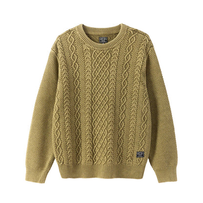 Moss green cable knit sweater on a white background