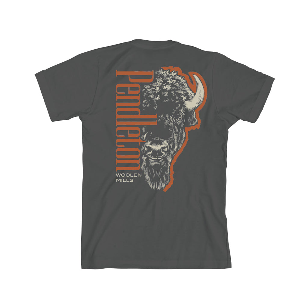 Bison head graphic with red pendleton script